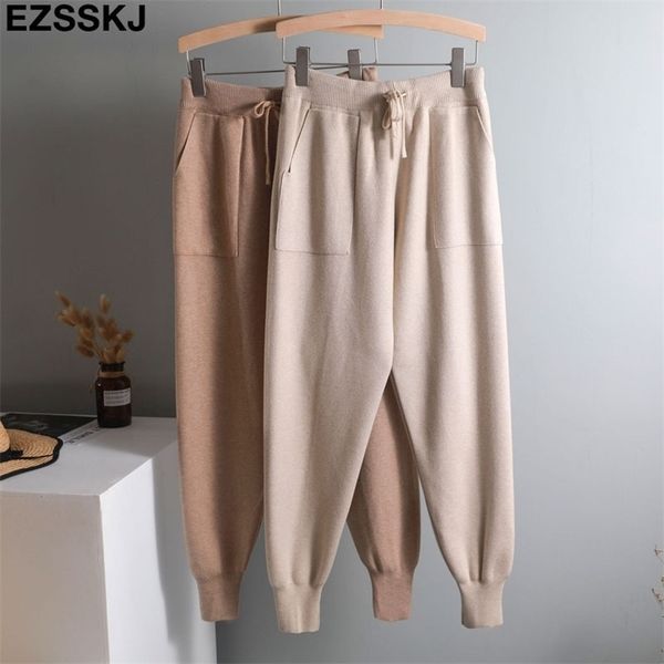 

women elastic waist drawstring trousers thick knitted harem pants autumn winter sport swear women's pants new bottoms t200104, Black;white