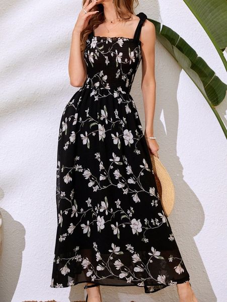 

floral print shirred tie shoulder chiffon cami dress w8jy#, Black;gray