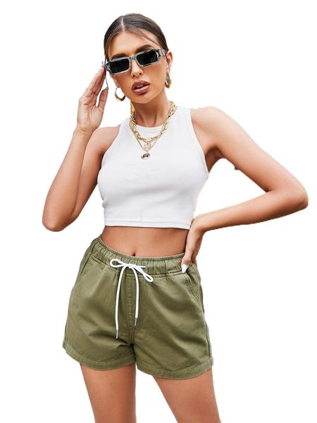 

drawstring waist slant pocket solid denim shorts l5nh#, White;black