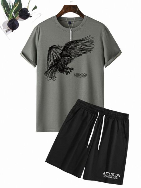 

men letter & eagle print tee & drawstring shorts j41i#, Gray