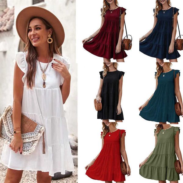 

2022 summer new solid color round neck short sleeve dress casual cake skirt pleated skirt, Black;gray