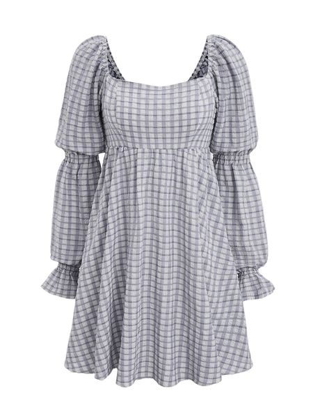 

plaid print flounce sleeve a-line dress b7qb#, Black;gray