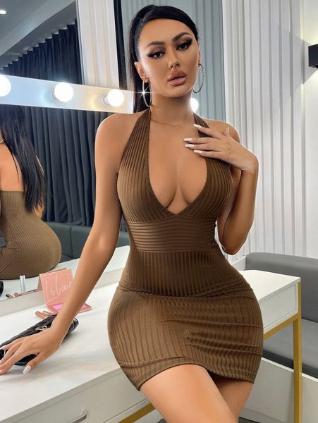

sxy ribbed knit backless halter bodycon dress c6g7#, Black;gray