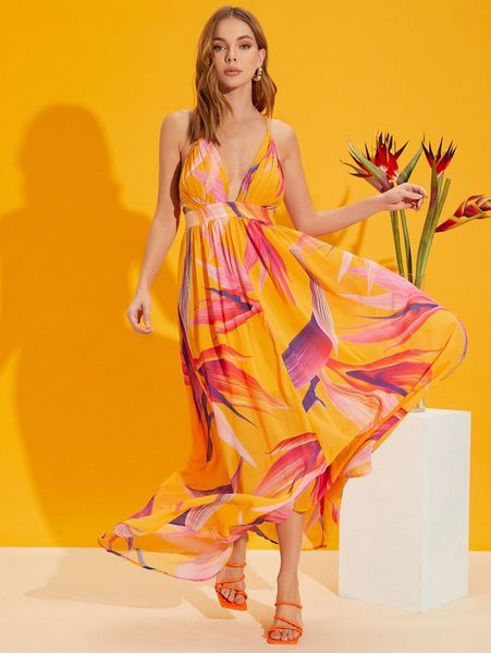 

birds of paradise floral open-back maxi dress a9xy#, Black;gray