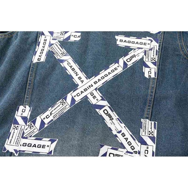

2022 autumn winter new high version off warning slogan rubber strip arrow denim et, Black