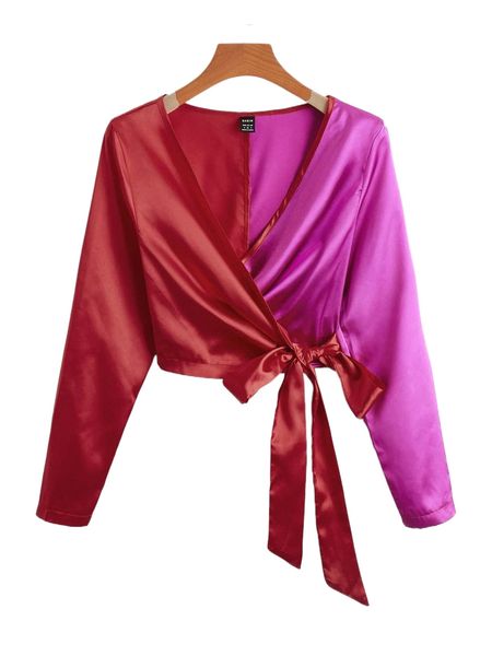 

two tone wrap knot side crop blouse w1lc#, White