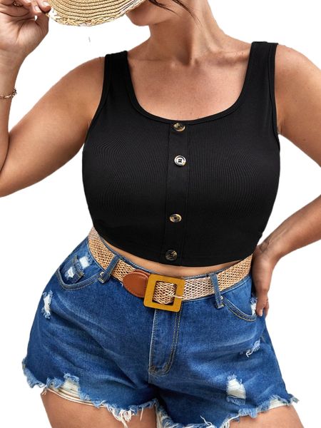 

plus fake button ribbed knit tank x2ac#, Black