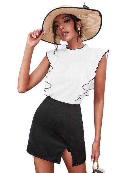 

ruffle trim mock neck blouse y0ht#, White