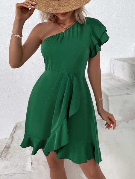 

one shoulder butterfly sleeve wrap hem dress 11ir#, Black;gray