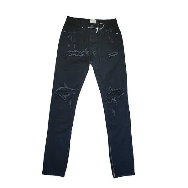 

men's jeans burning brother independent bieber's same slim fitting knee damage high street zipper black jeans fourth quarter pants, Blue