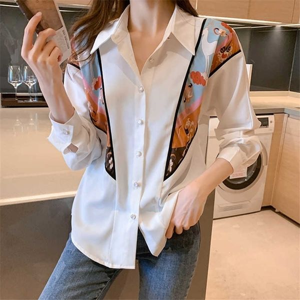 

fashion women blouses printing shirts casual loose chiffon blouse spring summer blouse long sleeve blusas mujer 210702, White