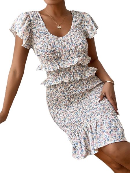 

ditsy floral shirred ruffle trim butterfly sleeve bodycon dress 83n2#, Black;gray