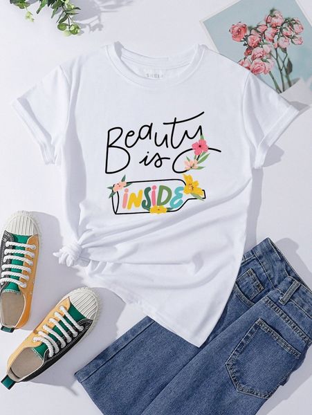 

floral and slogan graphic tee v82z#, White