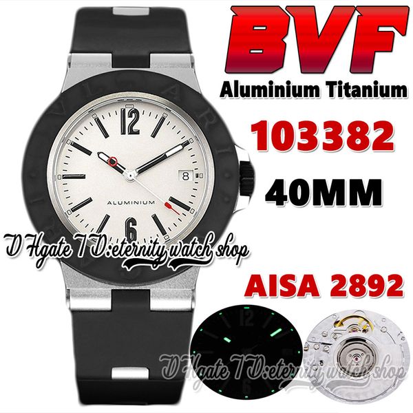 2022 BVF 103382 Aluminium Titan A2892 Automatische 40mm Herrenuhr Gummiblock Logo Buchstabe BEZEL White Dial Black Stick Marker Gummi Strap Super Ewigkeit Uhren