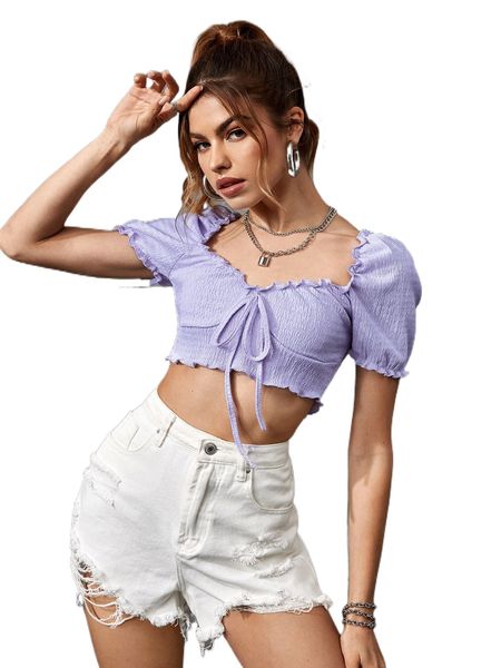 

frilled sweetheart neck puff sleeve tee j05e#, White