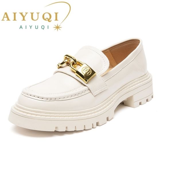 

aiyuqi women loafers spring genuine leather platform shoe casual british style female penny shoes 220714, Black