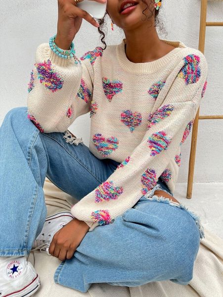 

drop shoulder heart pattern sweater 021m#, White;black