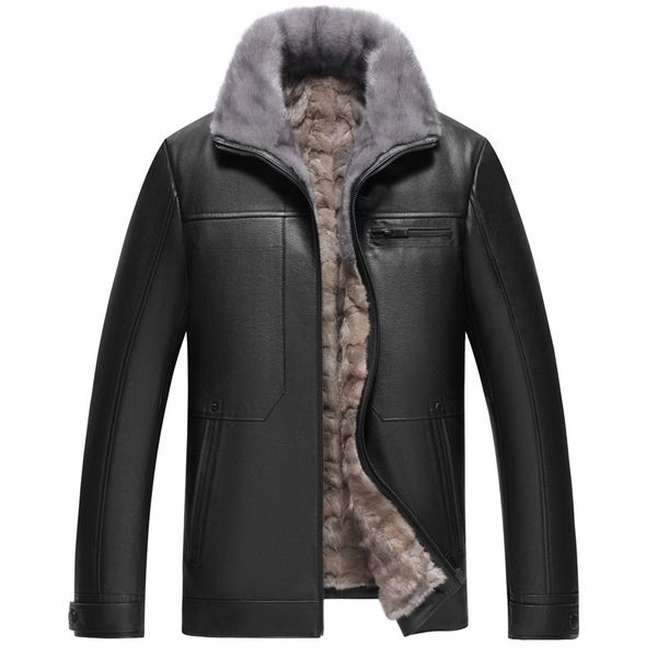 

genuine leather jackets mens real mink fur coat winter jacket outerwear overcoat thick warm fur collar plus size l-4xl, Black