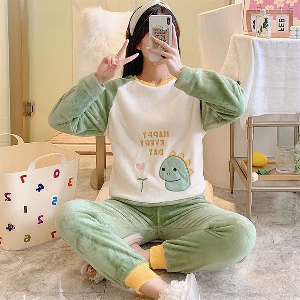 

autumn winter women pyjamas sets pajamas sleepwear suit thick warm coral flannel nightgown female cartoon animal pijama mujer 220329, Black;red