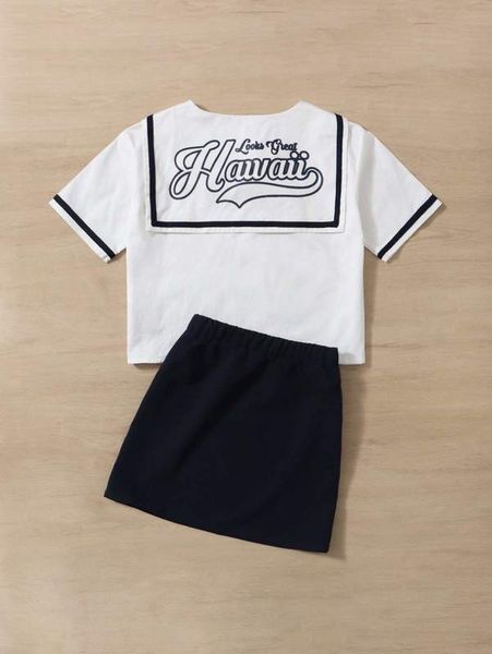 

girls slogan graphic sailor collar contrast tape & skirt she, White