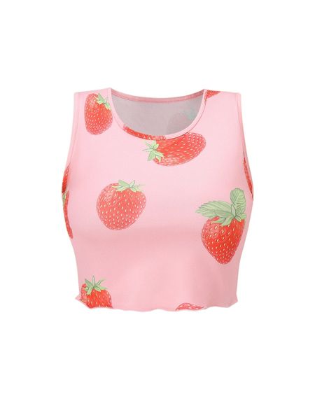 

strawberry print lettuce trim tank 91zk#, White