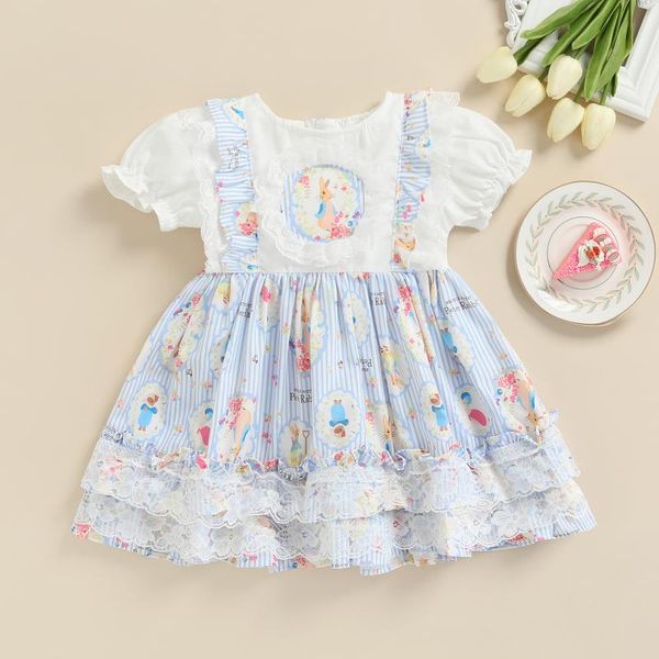 Vestidos de menina meninas meninas de manga curta renda de trança tutu cartoon estampado rount redond round flouch a-line casows girl's girl's girl's girl's