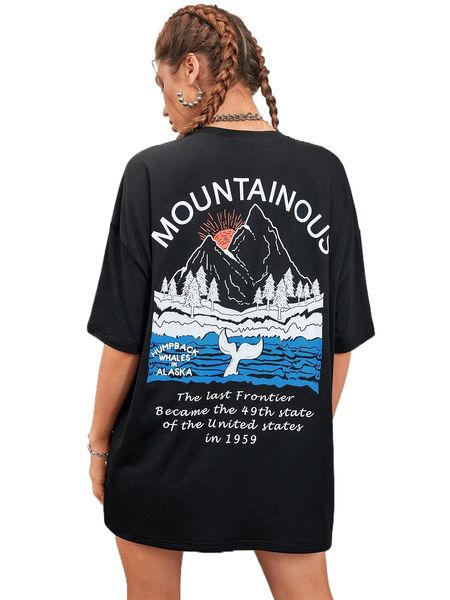 

slogan & mountain graphic drop shoulder tee f9ba#, White