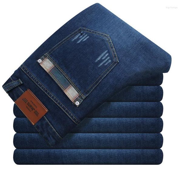 

men's jeans style casual slim fit trousers elastic men fashion classic denim skinny, Blue