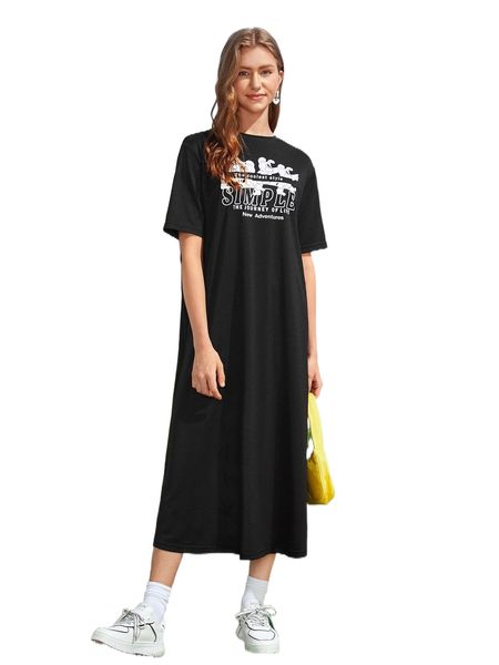

slogan & cartoon graphic tee dress v3n3#, Black;gray