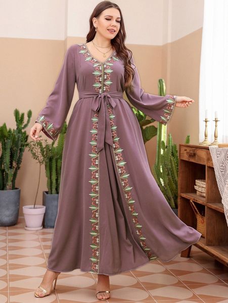 

plus embroidery appliques v neck belted dress d3ez#, Black