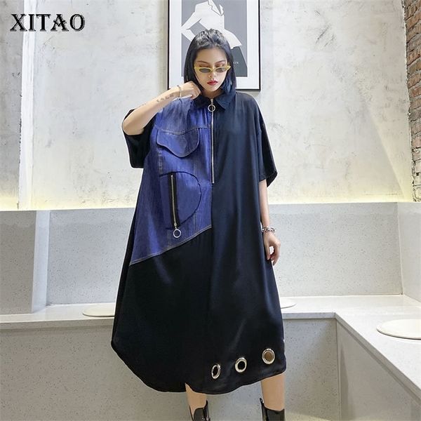 

xitao europe loose plus size dress women patchwork stand collar a line casual the streets summer new women dress 210319, Black;gray