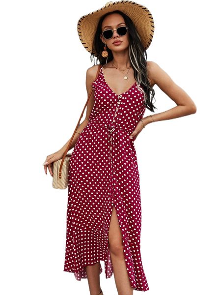 

button through drawstring waist polka dot cami dress v56d#, Black;gray