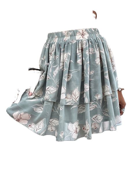 

floral print layered skirt z19q#, Black