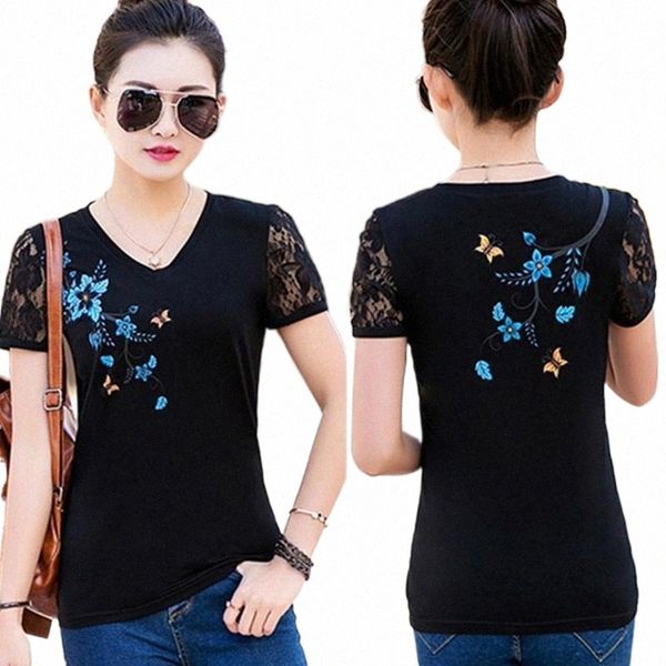

women's t-shirt xxxxl plus size women summer 2021 lace floral print short sleeved tee shirt casual female t 4xl poleras mujer i2bz#, White