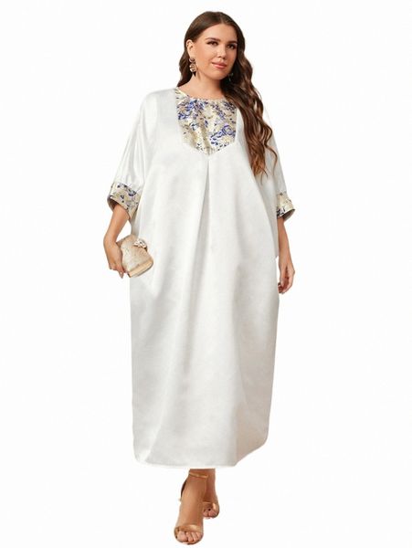 

plus floral embroidery batwing sleeve satin dress f3pv#, Black