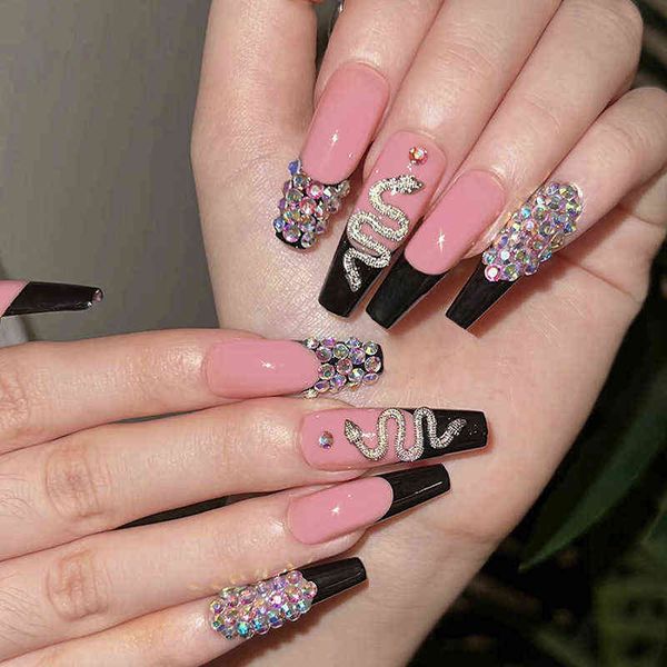 

false nails 24pcs black french long ballet with snake rhinestone decorative design detachable full cover press on art tip 0616