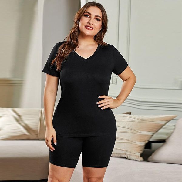 

plus size tracksuits women clothing 2 piece sets cotton homewear 2021 v neck black two-piece knitted pajamas sleepwear suits 5xl
