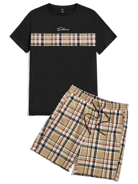 

men letter graphic plaid tee & drawstring waist shorts k4ee#, Gray