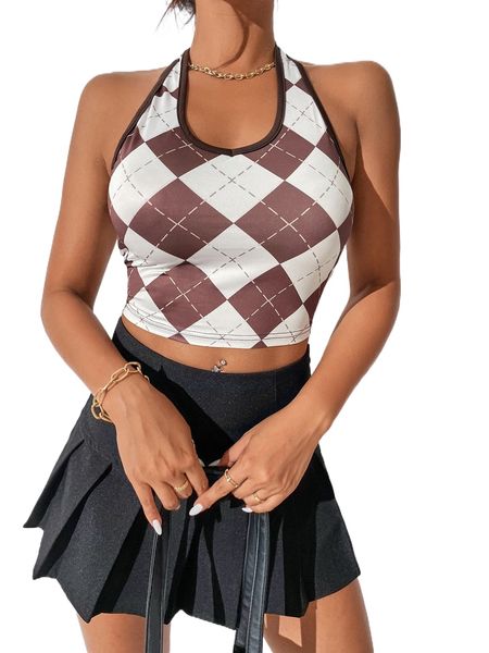 

argyle print backless crop halter 11b5#, White