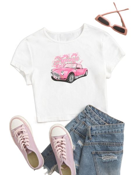 

car & letter graphic crop tee k6fc#, White