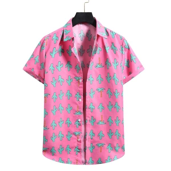 Camisa havaiana floral rosa Homem química homme verão manga curta praia aloha camisetas homens botões casuais camisa masculina xxl 220527