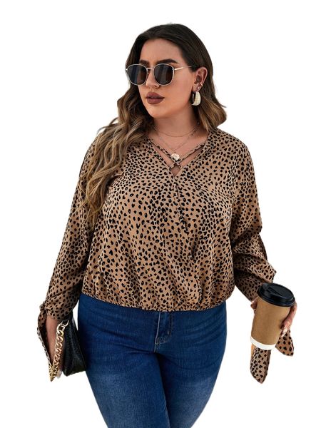 

plus allover print knot cuff blouse h3cz#, Black