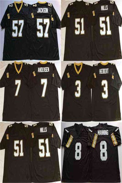 Raro Bobby Heber Jersey Morten Andersen Archie Manning Sam Mills Rickey Jackson Preto Retro Colégio Futebol Jerseys Costurado Mens