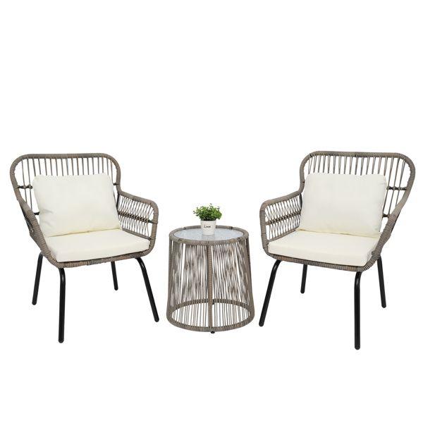 

dining room furniture 3-piece patio wicker conversation bistro set with 2 chairs & glass side table & cushions tan
