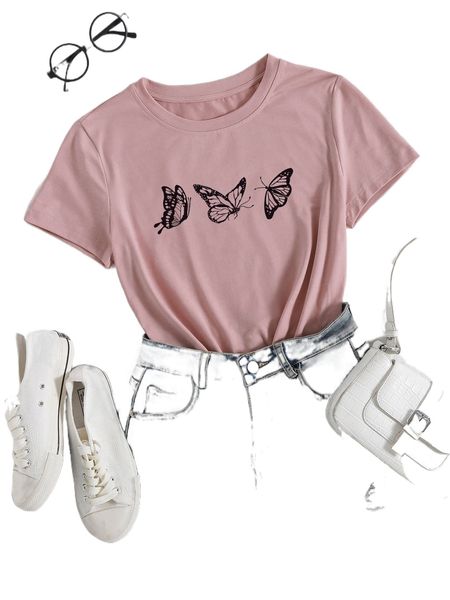 

butterfly print round neck tee a6st#, White