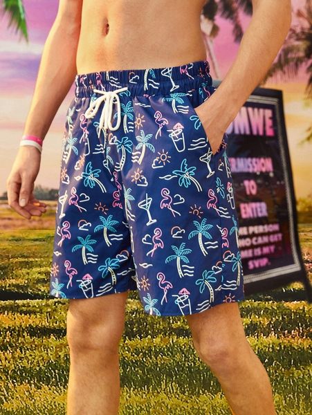 

romwe guys tropical graphic drawstring shorts h8xg#, White;black