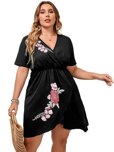 

plus floral print tulip hem dress u9ix#, Black