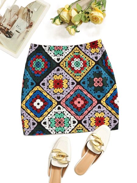 

floral & scarf print skirt k6hi#, Black