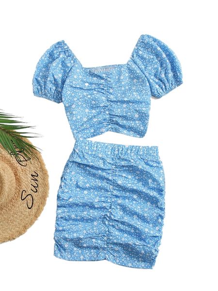 

ditsy floral ruched puff sleeve shirred back & skirt 92el#, White