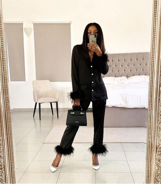 

two piece chic feather detail lounge suits long sleeve button up & slim pants set wpmen casual wool pajamas two piece suits, White
